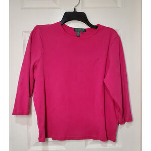 Lauren Ralph Lauren Ribbed Knit Top 2X Pink 3/4 Sleeve Cotton Crewneck Tee
